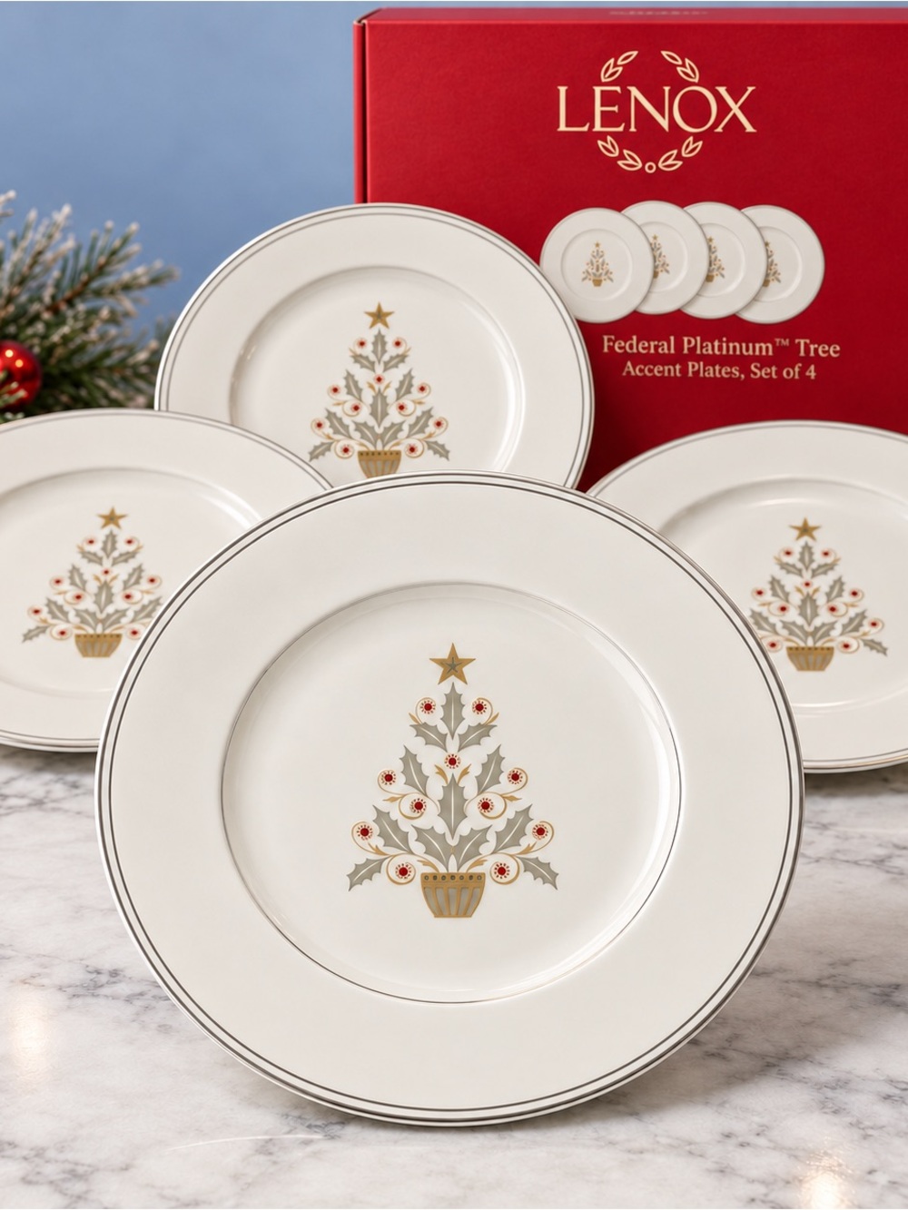 Lenox White and Platinum Holiday Tree Accent Plates with Red Accents
